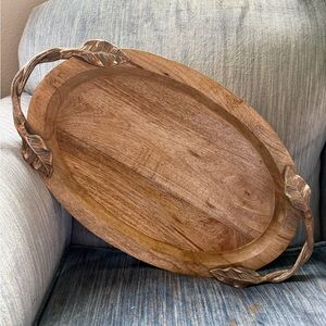 Wooden Oval Serving Tray with Leaf Handles from Witch’s Estate Sale